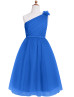 One Shoulder Royal Blue Pleated Tulle Junior Bridesmaid Dress